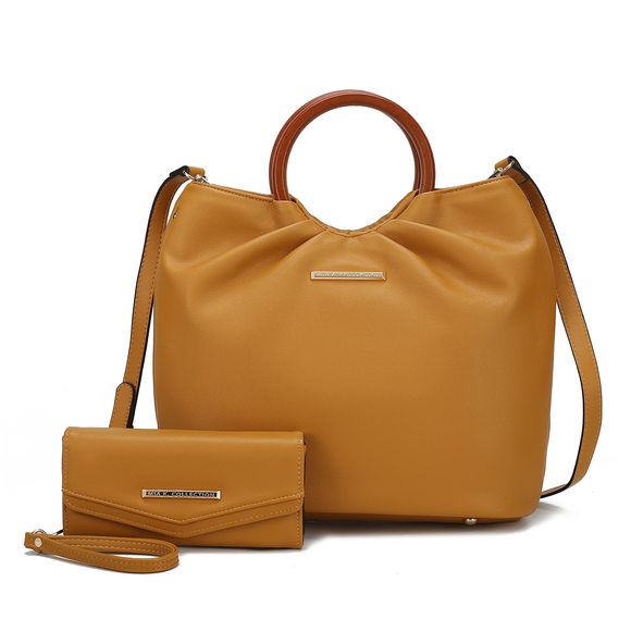 Tote Bag Set, Vegan Leather Circular Wooden Top-Handle Shoulder :| - Picture 1 of 7